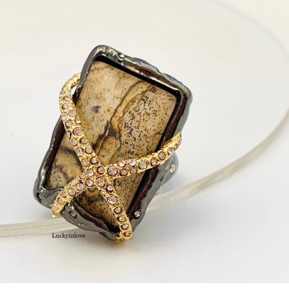 Alexis Bittar Jewelry - ALEXIS BITTAR • NEW Elements Gunmetal Gold Picture Jasper Crystal Orbiting Ring